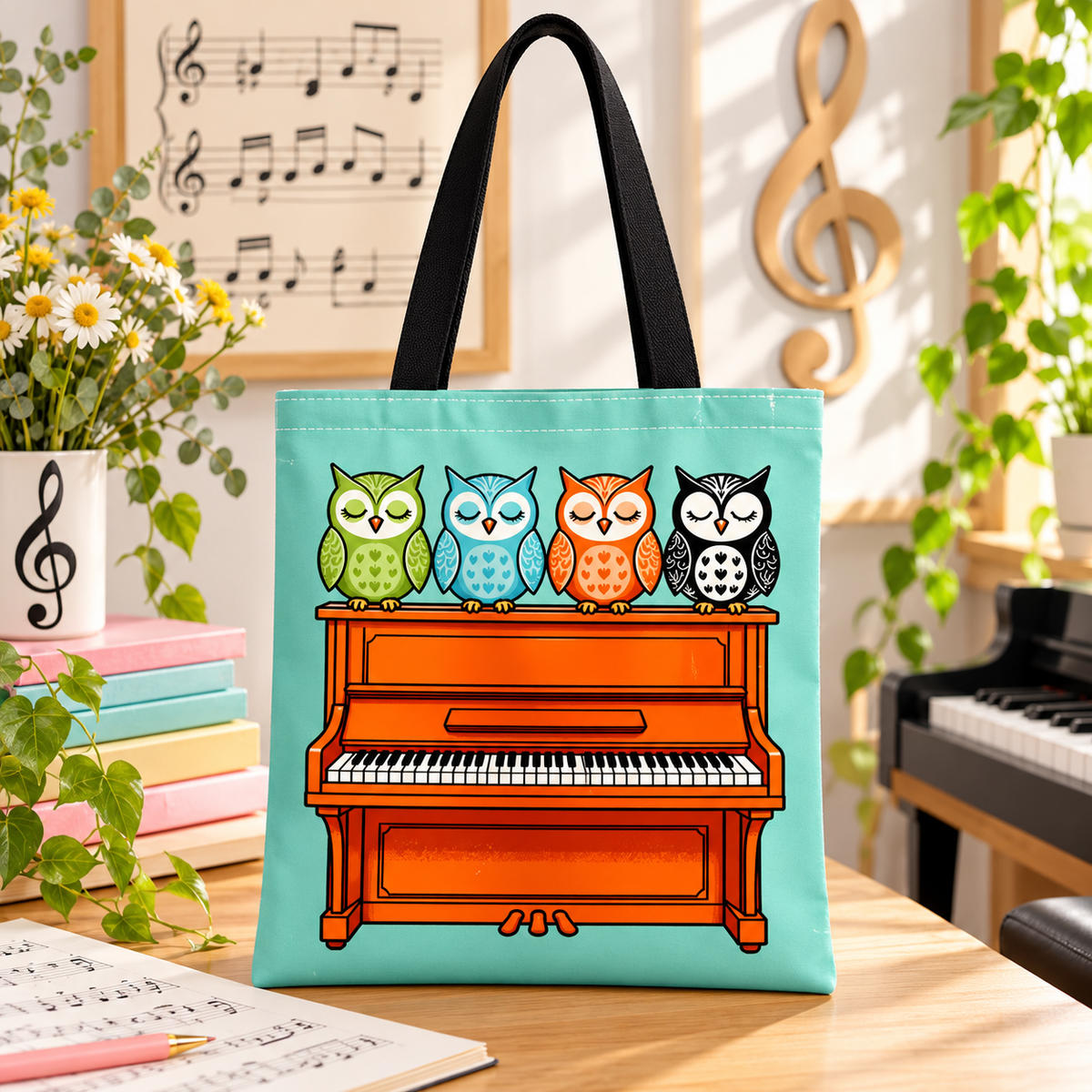 Musical Owls on Piano Tote Bag – 40cm x 35cm