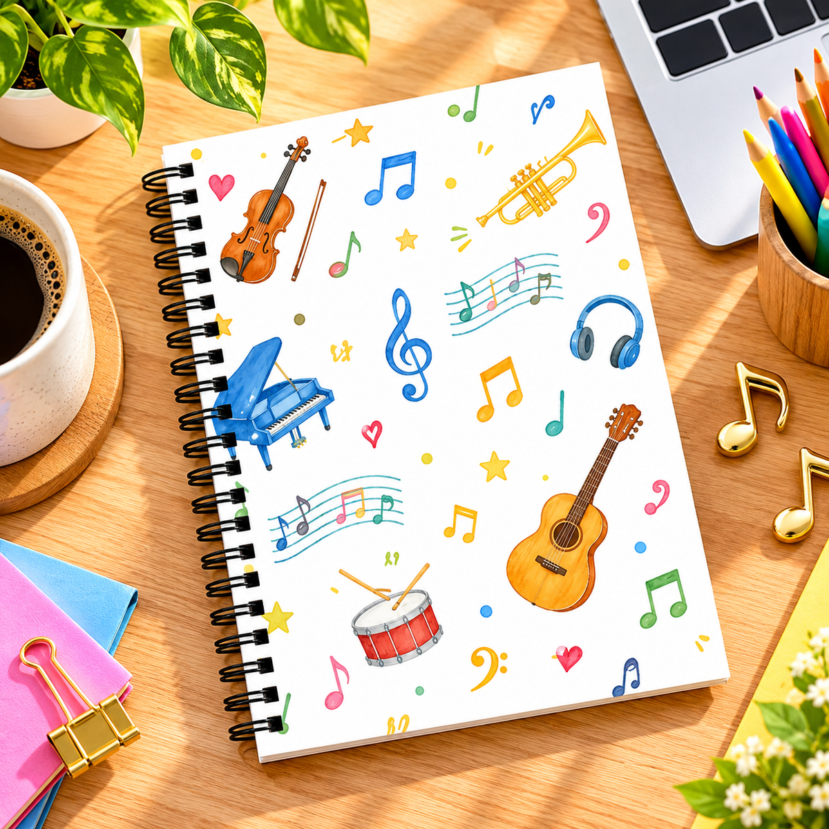 A5 Watercolor Musical Instruments Spiral Notebook (60 Pages)