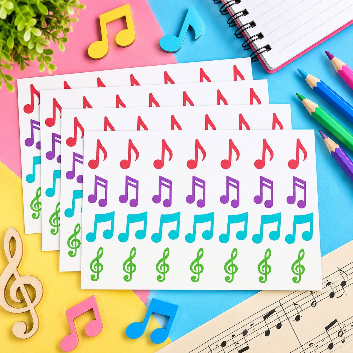 Coloured Music Note Sticker Sheet Set – 112 Stickers