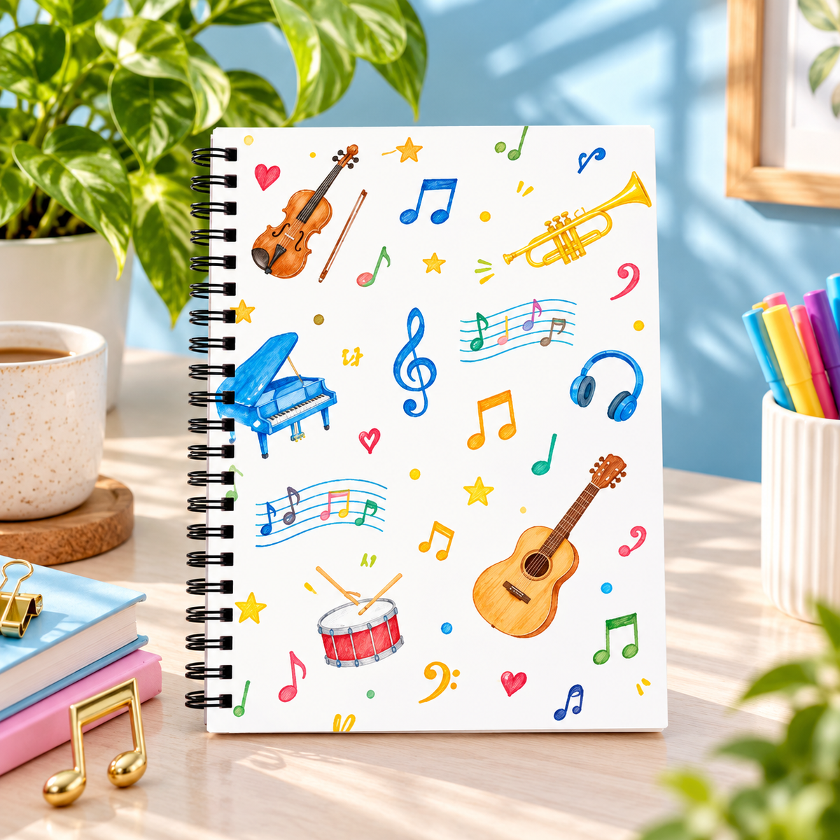 A5 Watercolor Musical Instruments Spiral Notebook (60 Pages)