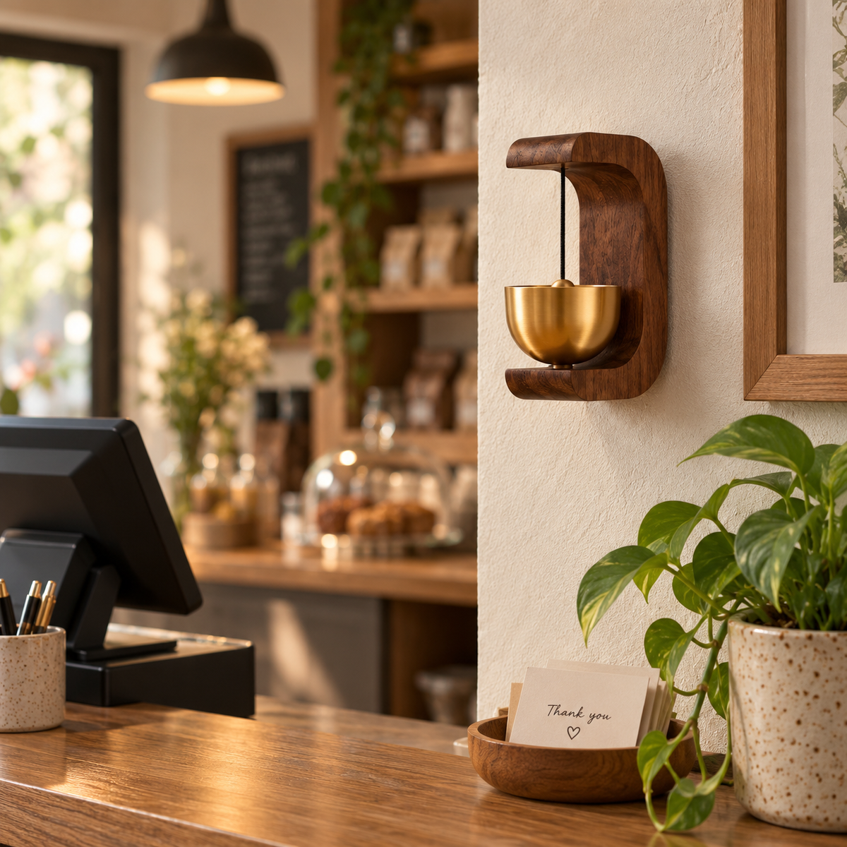 Sundry & Sound Co - Small Vintage Wooden Doorbell with Brass-Tone Chime & Wall Mount