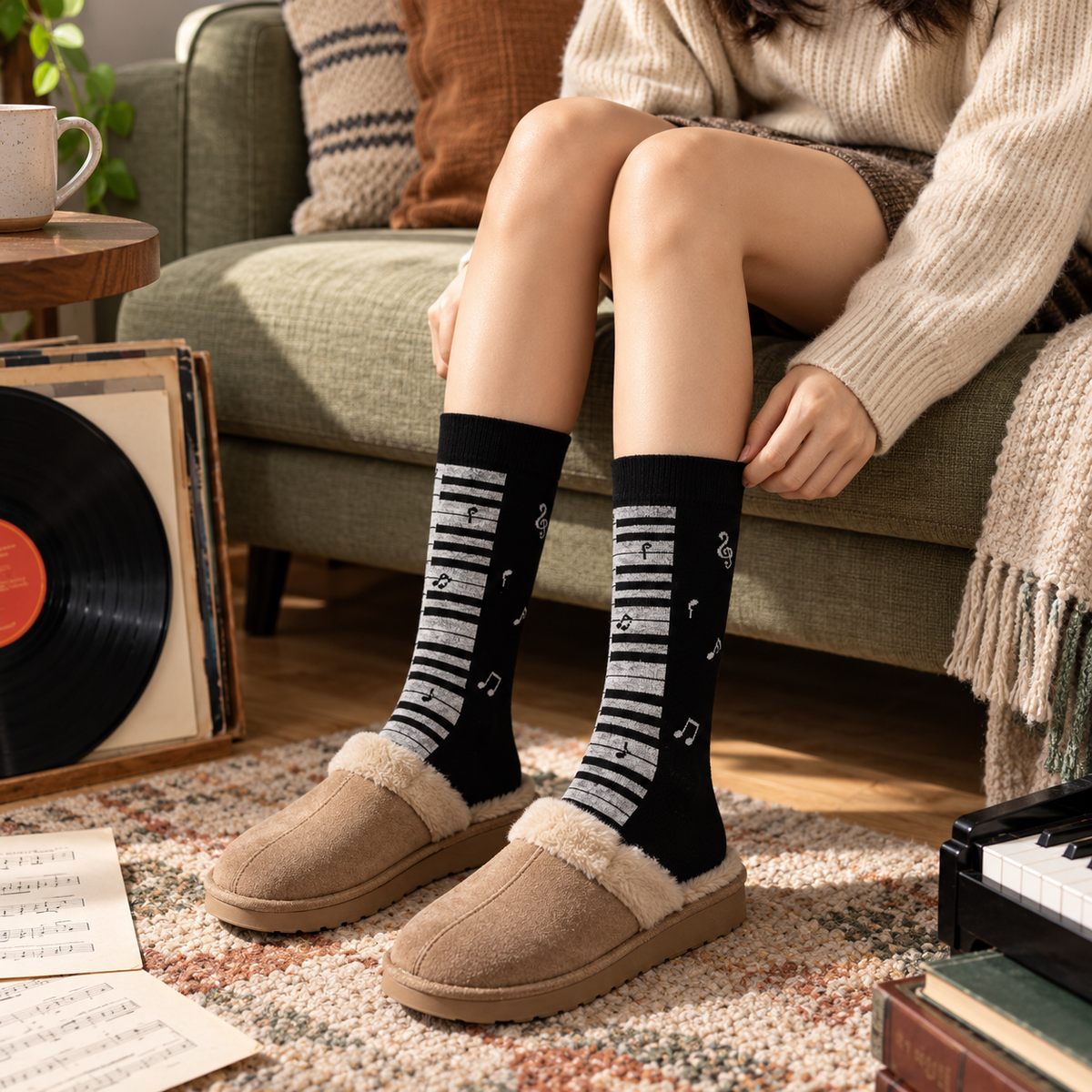 Sundry & Sound Co - Soft Black & White Piano Keys Crew Socks (Unisex)