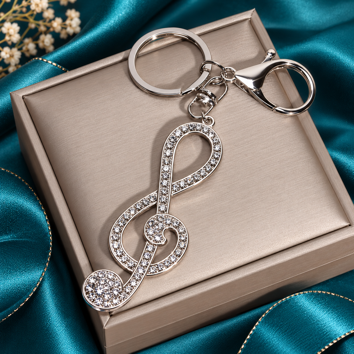 Large Silver and White Rhinestone Treble Clef Keyring with Lobster Clasp