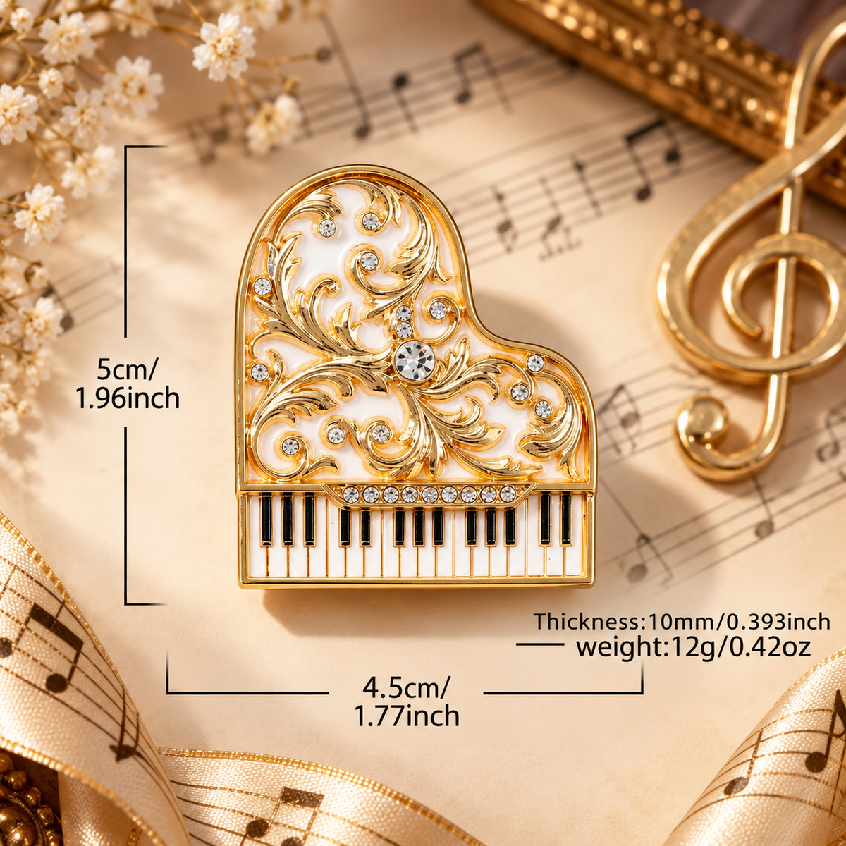 Sundry & Sound Co - Gold and White Rhinestone Piano Brooch