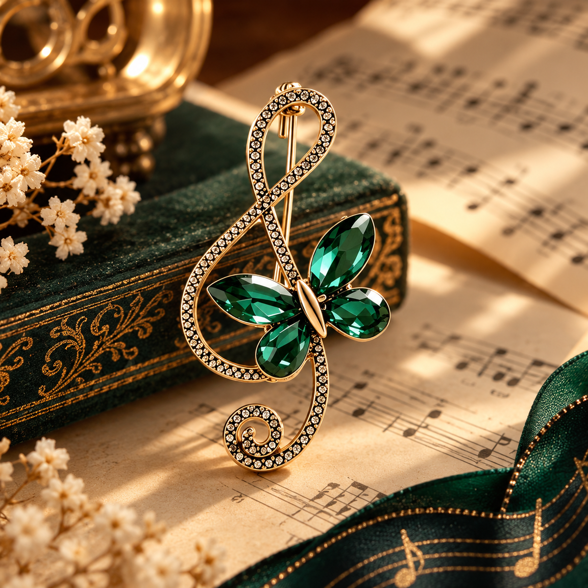 Sundry & Sound Co -Antique Gold and Green Butterfly Treble Clef Brooch