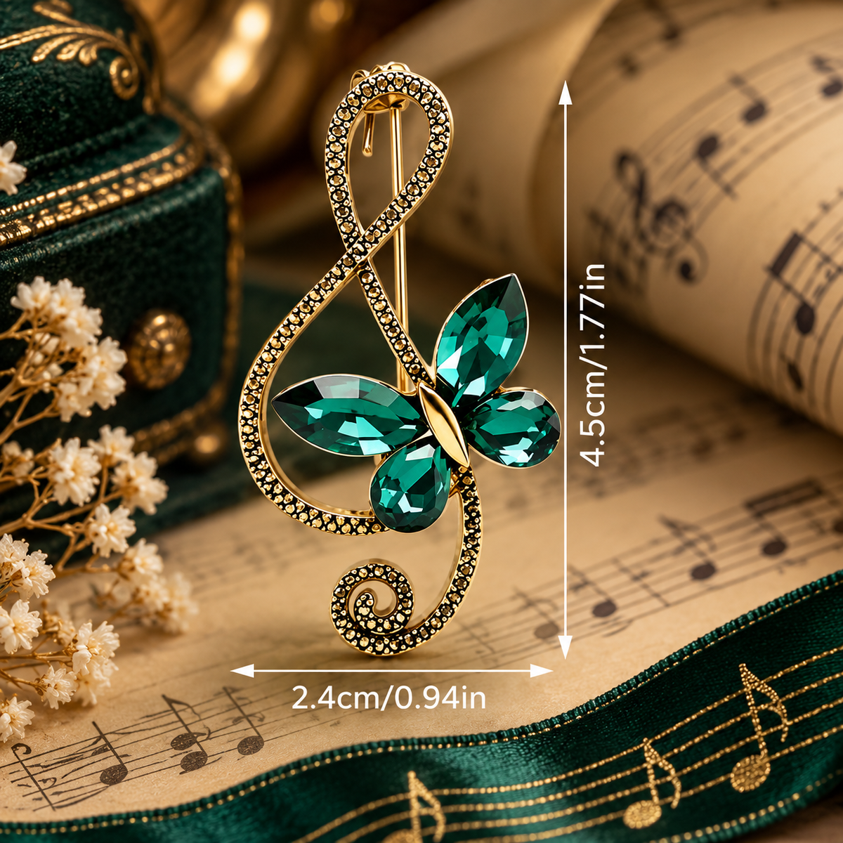 Sundry & Sound Co -Antique Gold and Green Butterfly Treble Clef Brooch