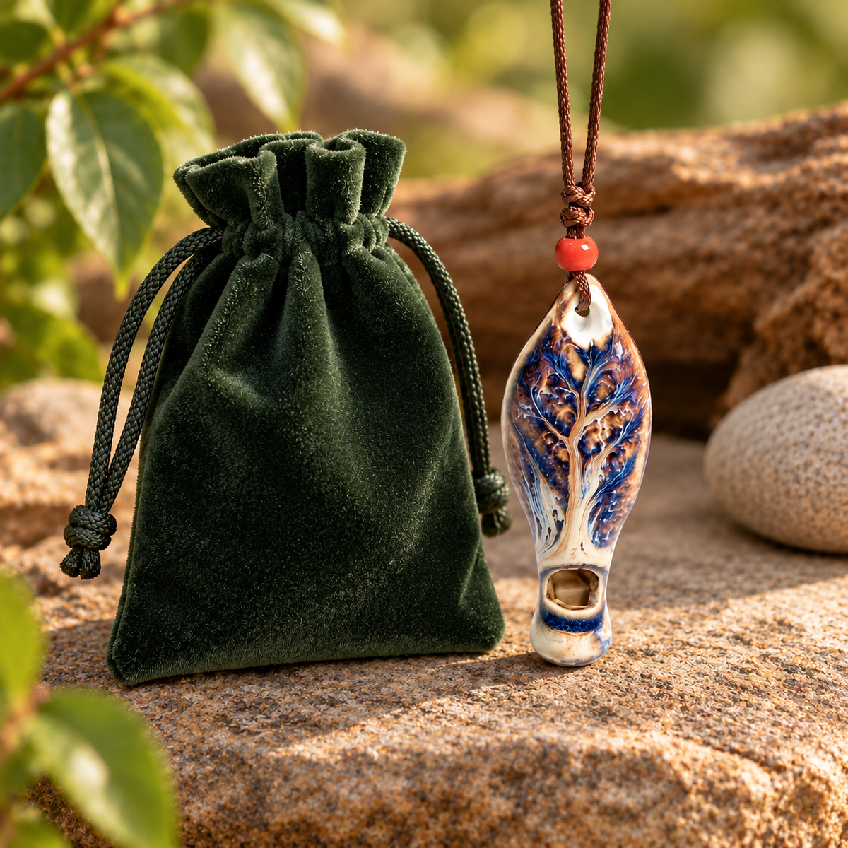 Mini Ceramic Leaf Whistle Pendant with Neck Cord and Pouch