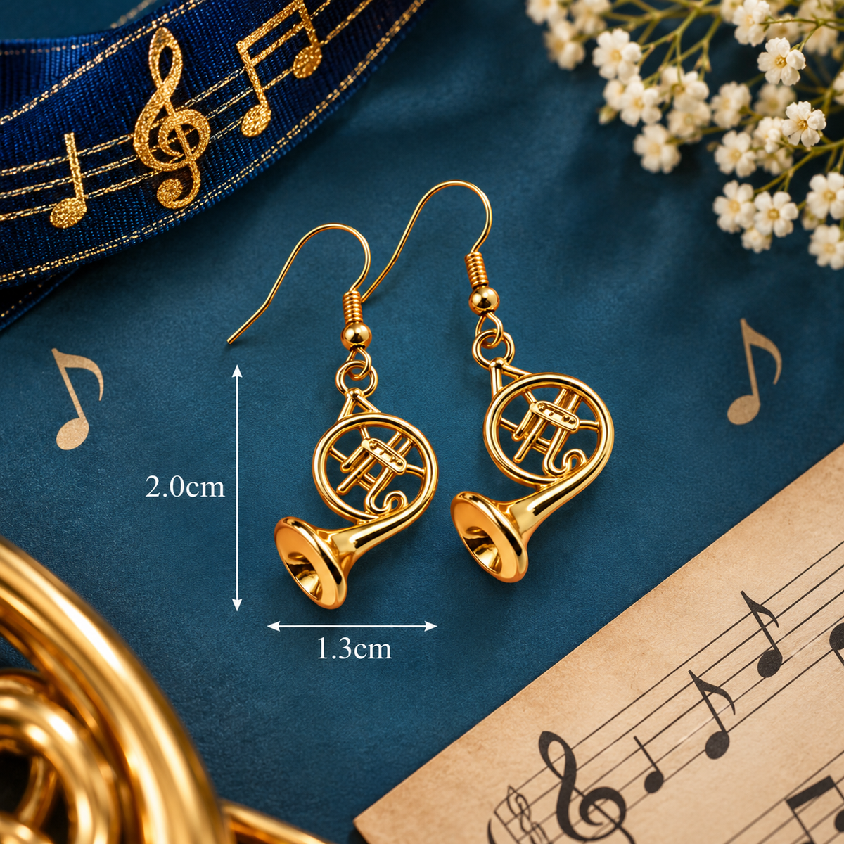 Sundry & Sound Co - Mini Gold French Horn Dangle Earrings (2cm)