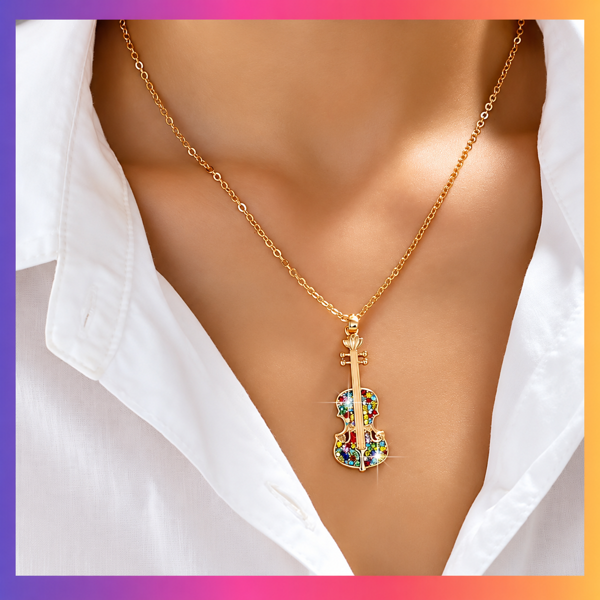 Black Rhinestone Violin Pendant Necklace with Gold Tone Adjustable Chain