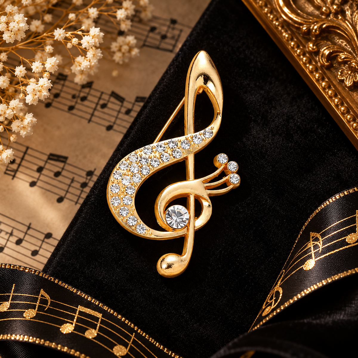Sundry & Sound Co - Large Gilded Gold and Rhinestone Treble Clef Brooch 6cm