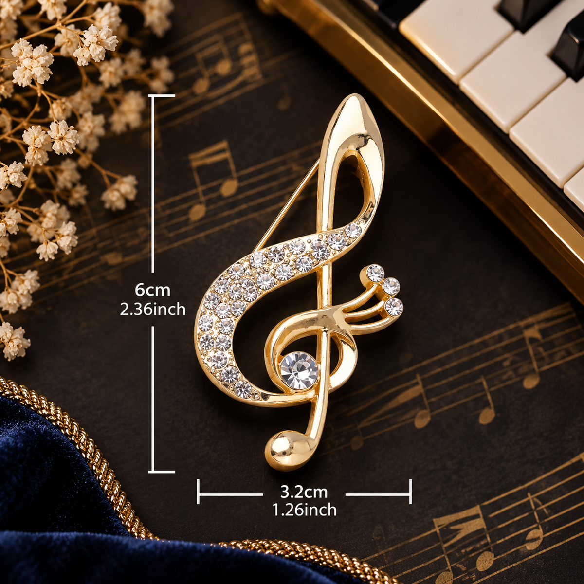 Sundry & Sound Co - Large Gilded Gold and Rhinestone Treble Clef Brooch 6cm