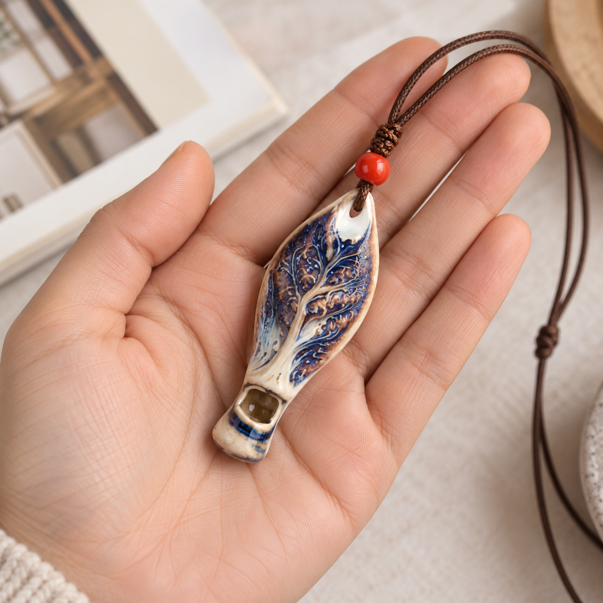 Mini Ceramic Leaf Whistle Pendant with Neck Cord and Pouch