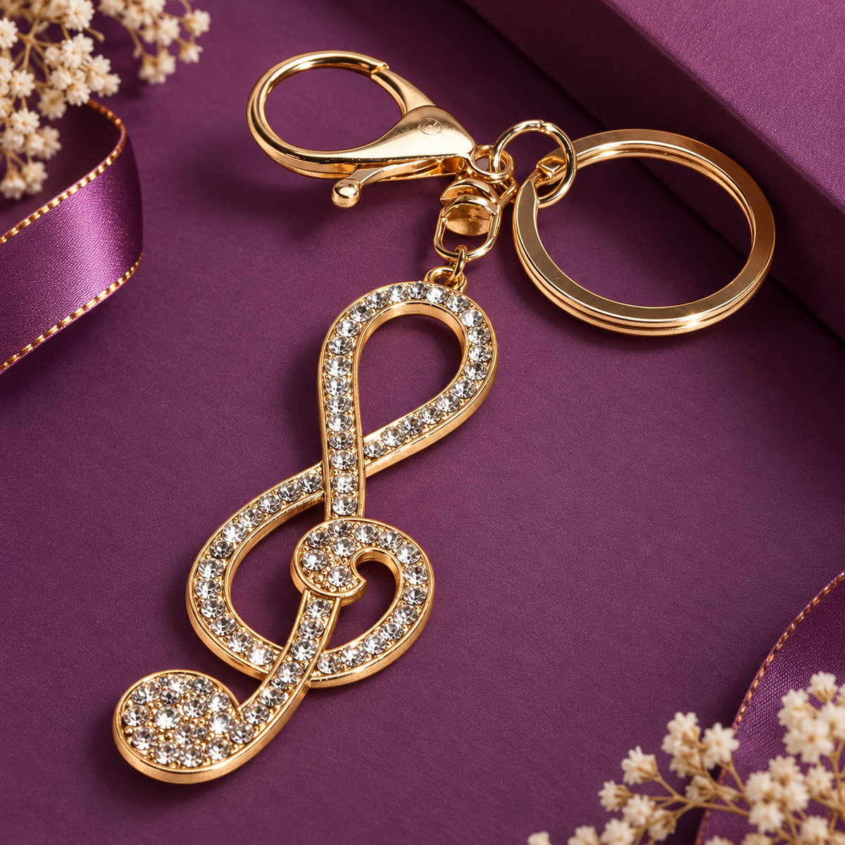 Large Gold and White Rhinestone Treble Clef Keyring with Lobster Clasp