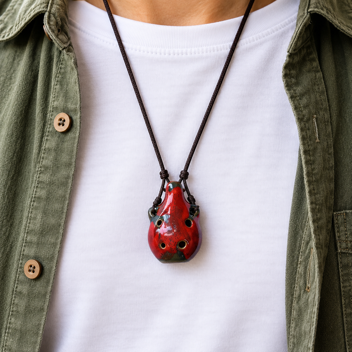 Mini Ceramic 6-Hole Ocarina with Neck Cord and Bag – Red
