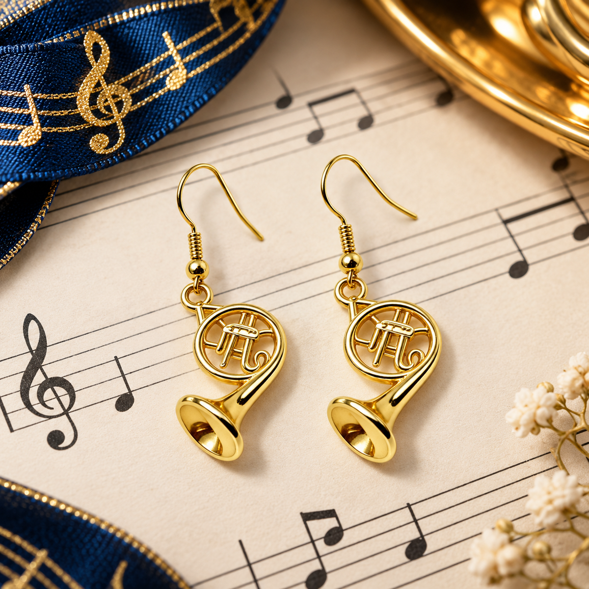 Sundry & Sound Co - Mini Gold French Horn Dangle Earrings (2cm)