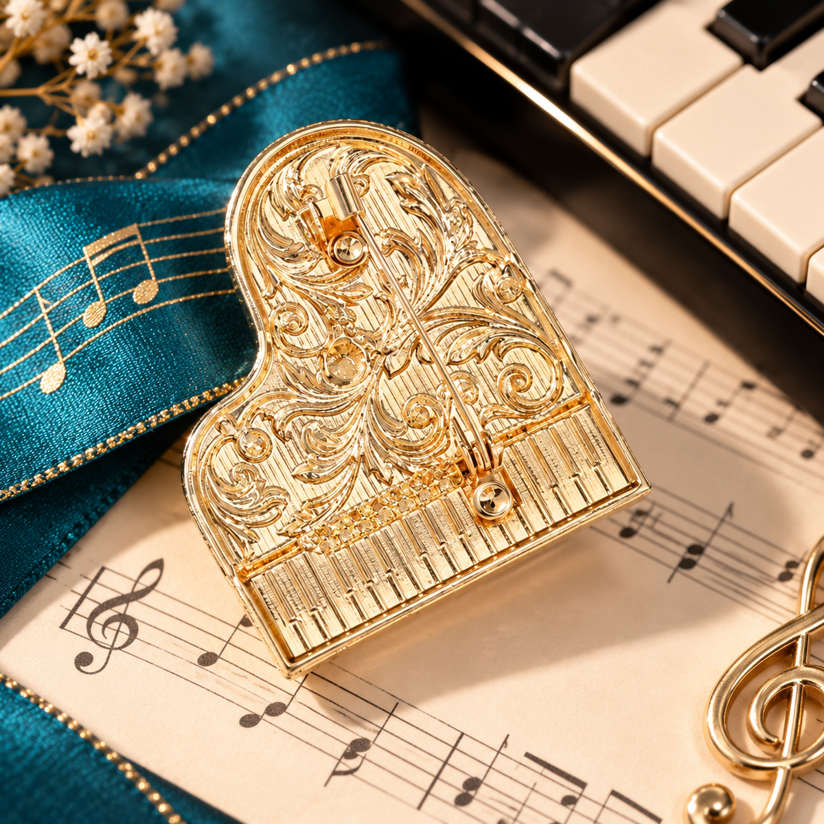 Sundry & Sound Co - Gold and White Rhinestone Piano Brooch