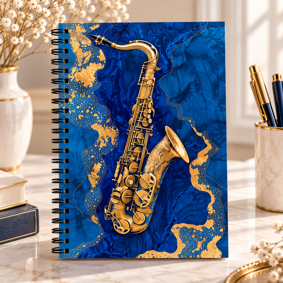 A5 Blue & Gold Marble Saxophone Spiral Notebook (100 Pages)