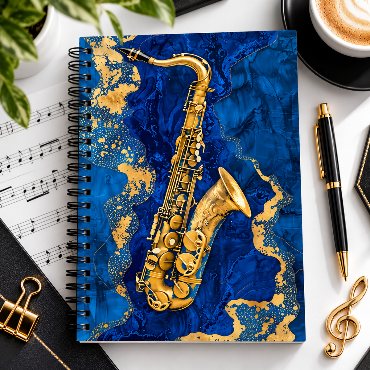 A5 Blue & Gold Marble Saxophone Spiral Notebook (100 Pages)