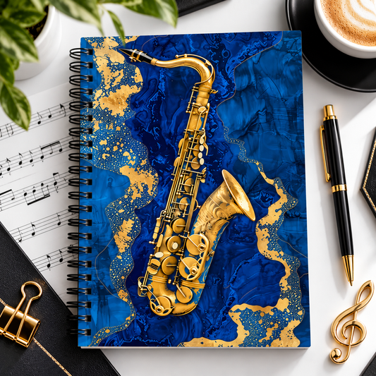 A5 Blue & Gold Marble Saxophone Spiral Notebook (100 Pages)