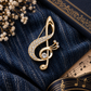 Sundry & Sound Co - Large Gilded Gold and Rhinestone Treble Clef Brooch 6cm