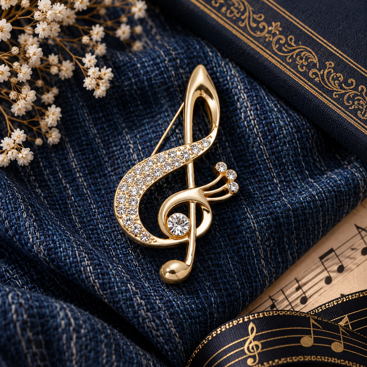 Sundry & Sound Co - Large Gilded Gold and Rhinestone Treble Clef Brooch 6cm
