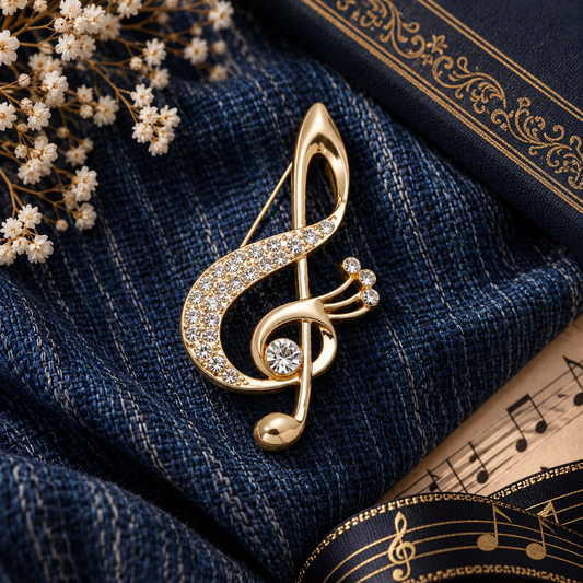Sundry & Sound Co - Large Gilded Gold and Rhinestone Treble Clef Brooch 6cm