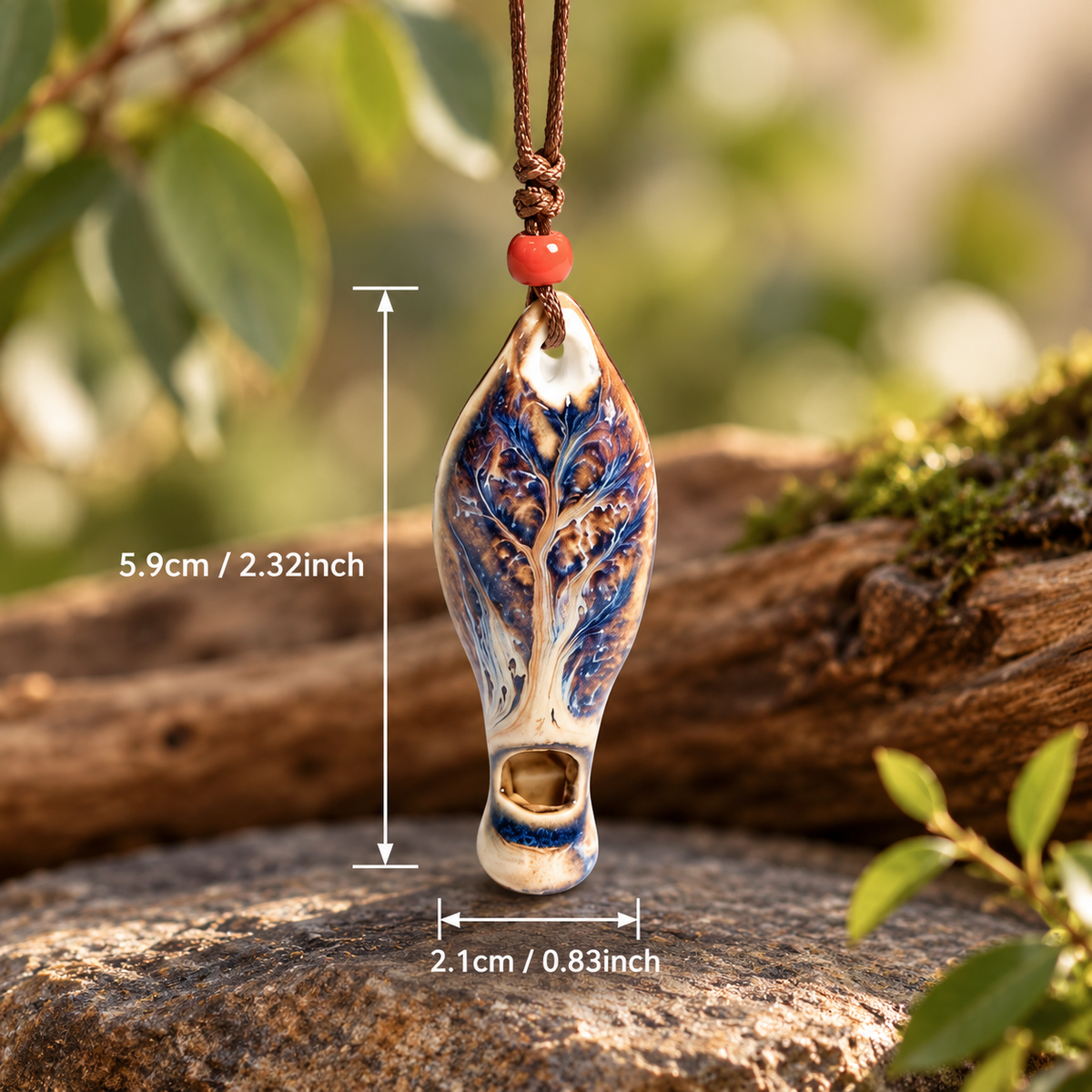 Mini Ceramic Leaf Whistle Pendant with Neck Cord and Pouch