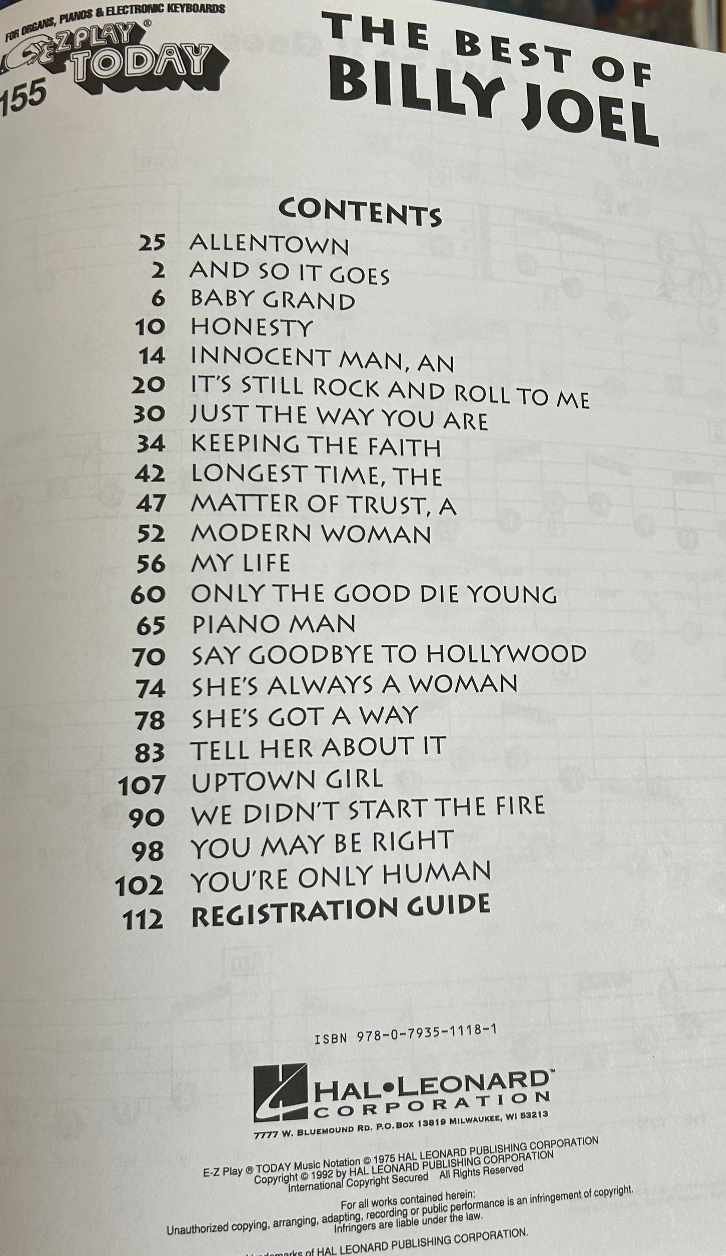 The Best Of Billy Joel - Ez Play Piano Volume 155 Songbook (22 Hit Songs)