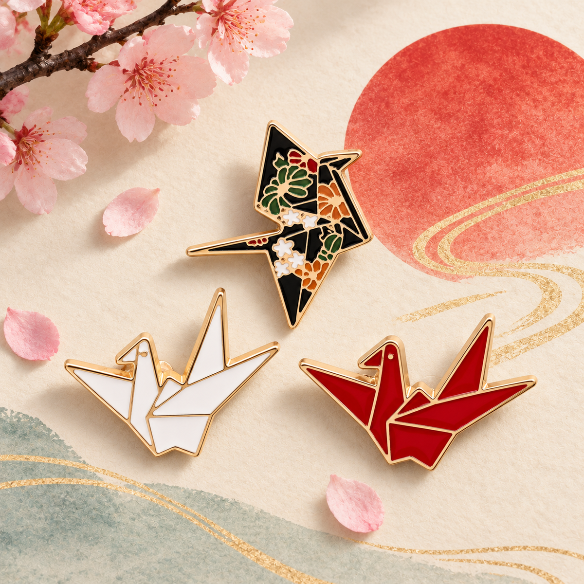 3 Mini Origami Paper Cranes Enamel Pin Set