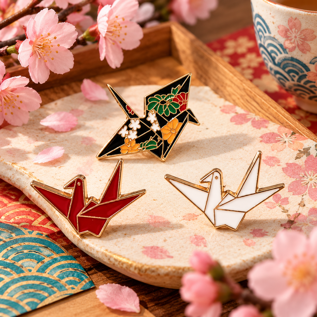 3 Mini Origami Paper Cranes Enamel Pin Set