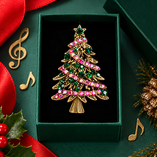 Sundry & Sound Co - Vintage Gold Christmas Tree Rhinestone Brooch with Gift Box