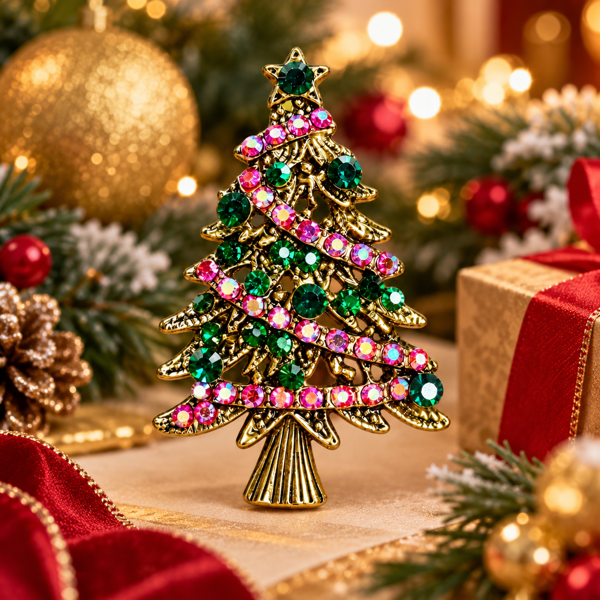 Sundry & Sound Co - Vintage Gold Christmas Tree Rhinestone Brooch with Gift Box