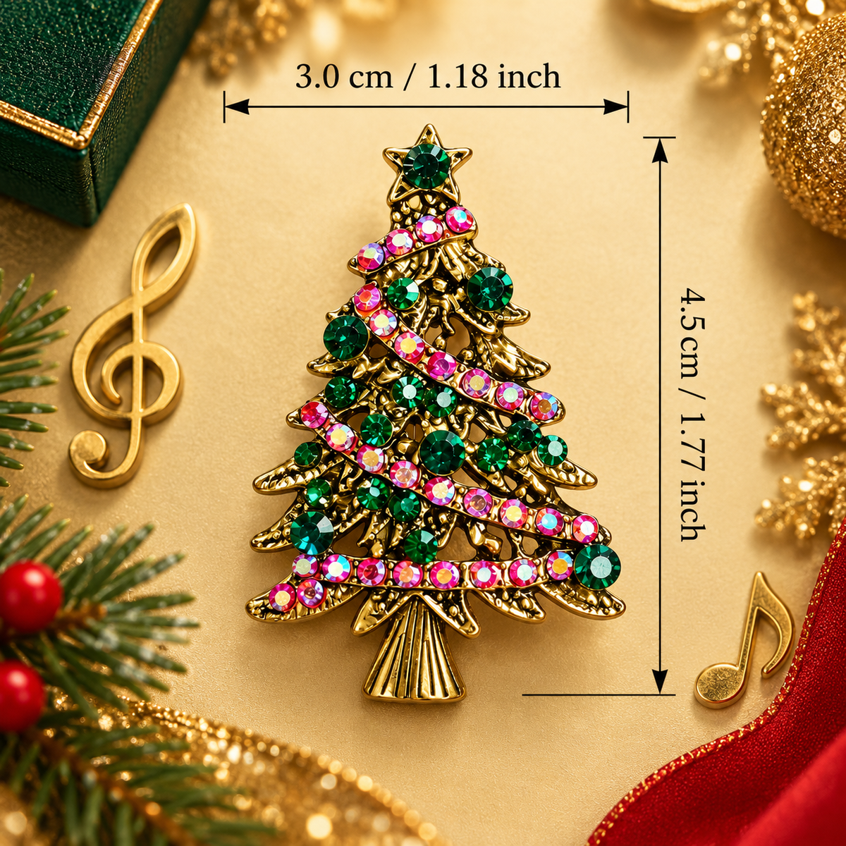 Sundry & Sound Co - Vintage Gold Christmas Tree Rhinestone Brooch with Gift Box