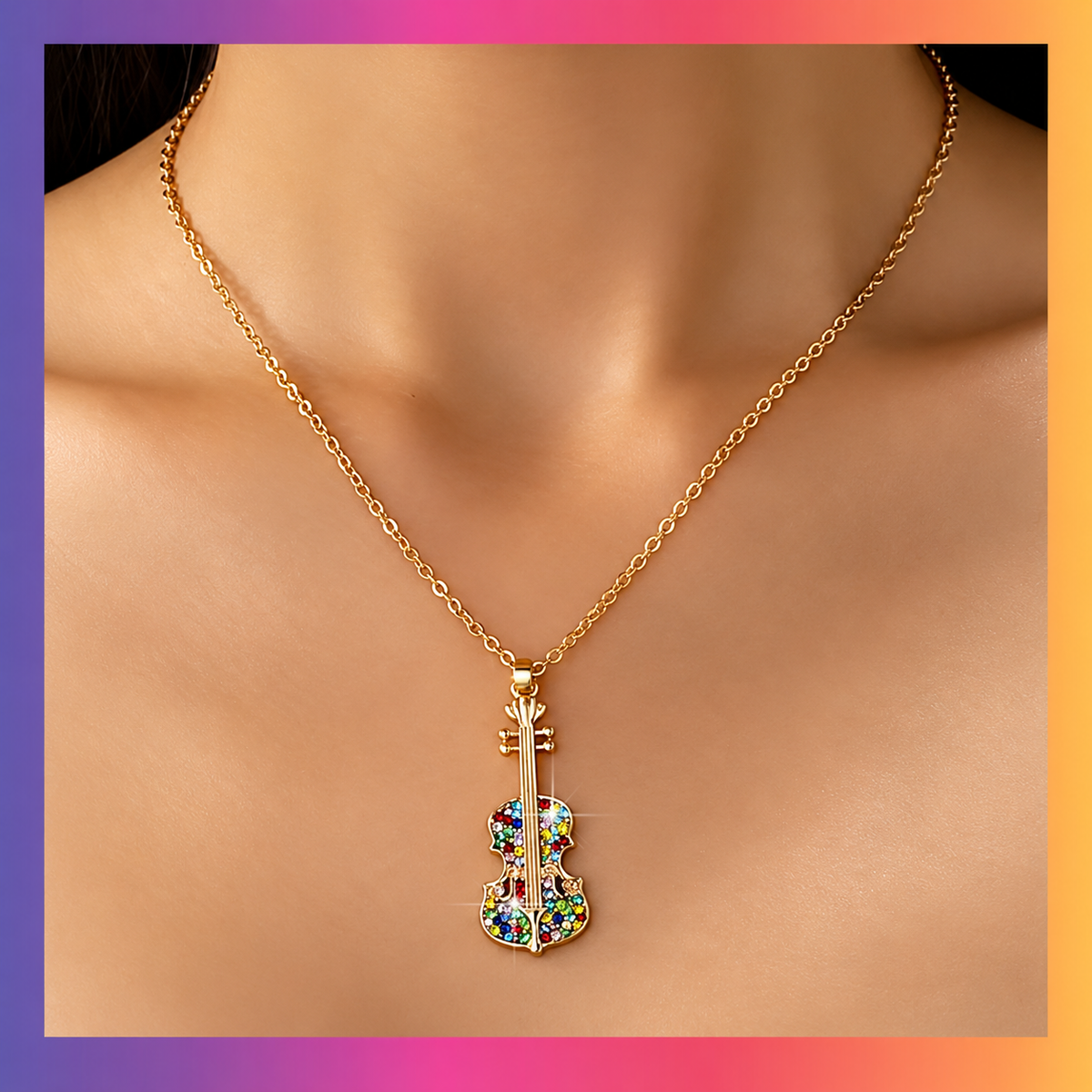 Black Rhinestone Violin Pendant Necklace with Gold Tone Adjustable Chain
