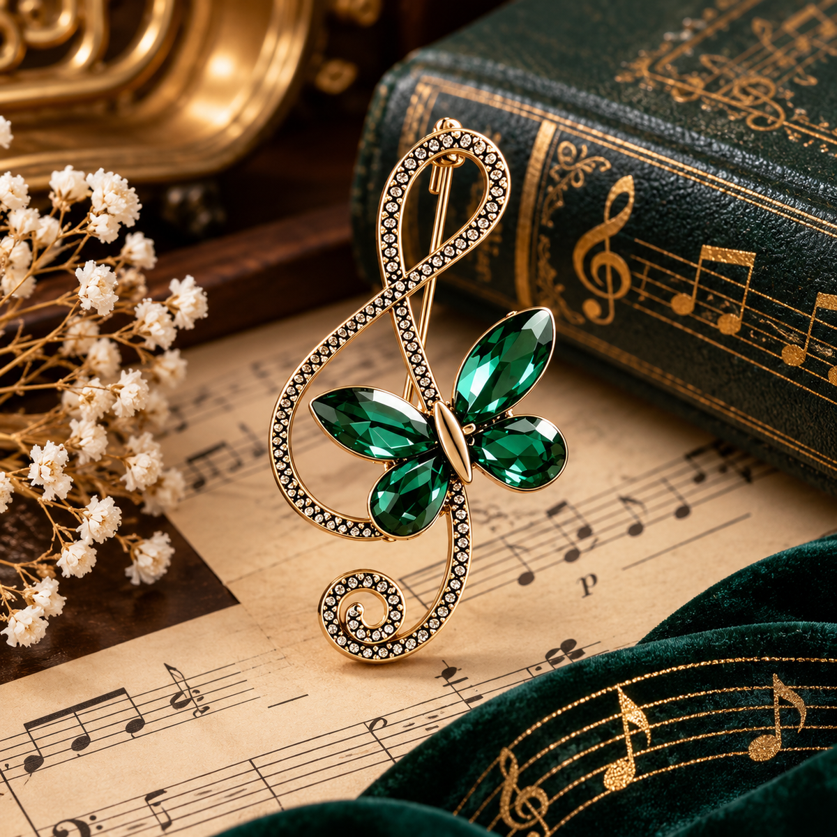 Sundry & Sound Co -Antique Gold and Green Butterfly Treble Clef Brooch