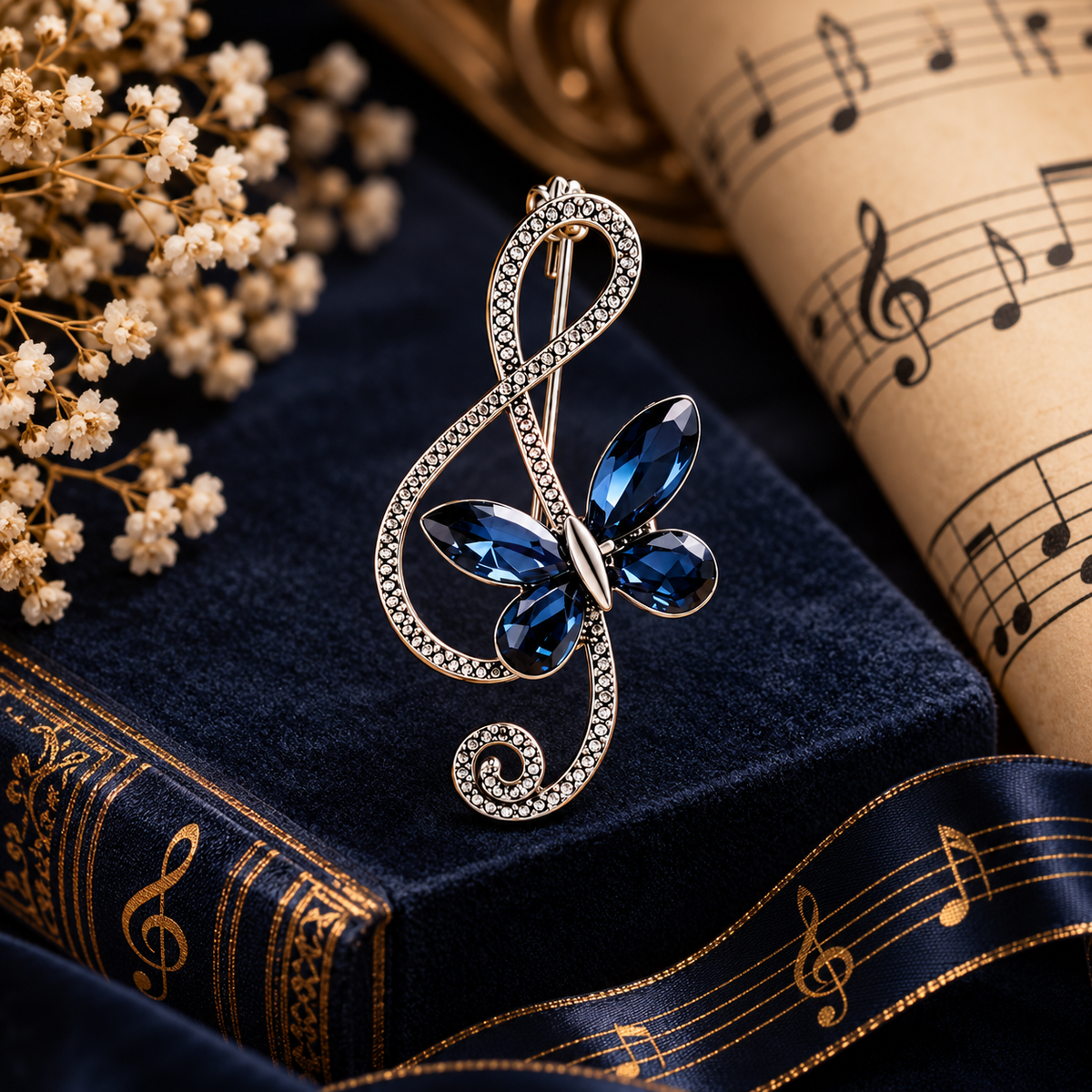 Sundry & Sound Co -Silver Vintage Blue Butterfly Treble Clef Brooch