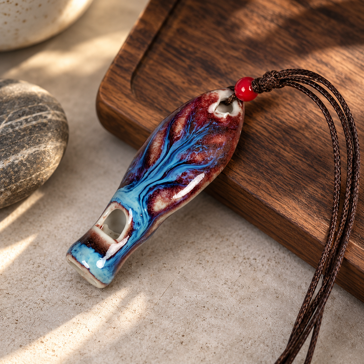 Mini Ceramic Leaf Whistle Pendant with Neck Cord and Pouch