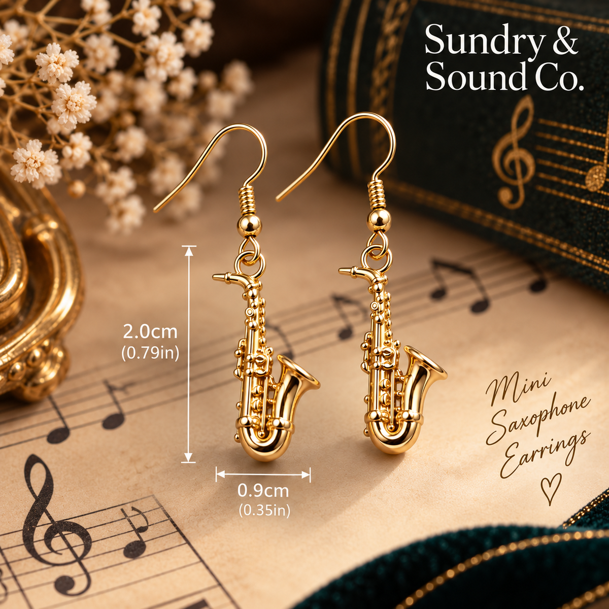Sundry & Sound Co - Mini Gold Saxophone Dangle Earrings (2cm)