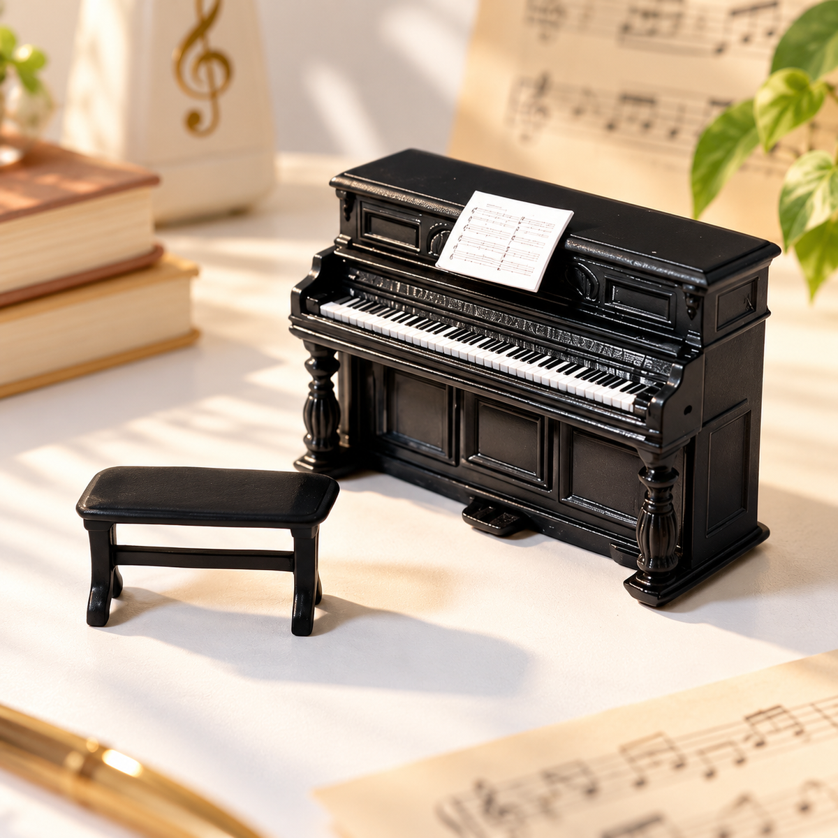 Sundry & Sound Co - Miniature Upright Piano & Stool Model – 1:64 Scale with Display Case