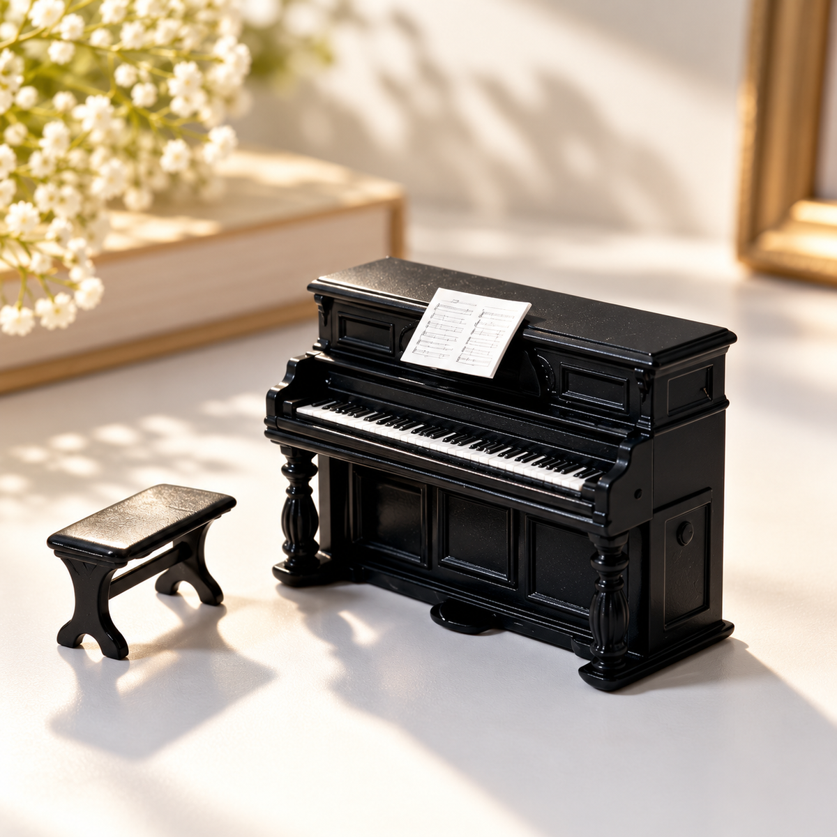 Sundry & Sound Co - Miniature Upright Piano & Stool Model – 1:64 Scale with Display Case