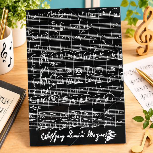 Manuscript Folder with Elastic Band - Black with White Mozart manuscript