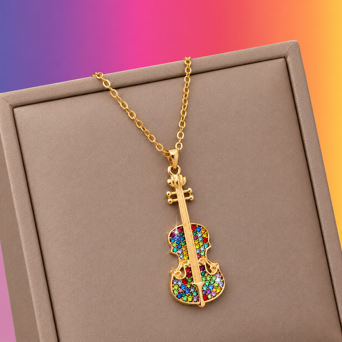 Black Rhinestone Violin Pendant Necklace with Gold Tone Adjustable Chain