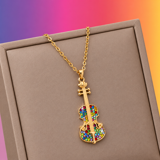 Black Rhinestone Violin Pendant Necklace with Gold Tone Adjustable Chain