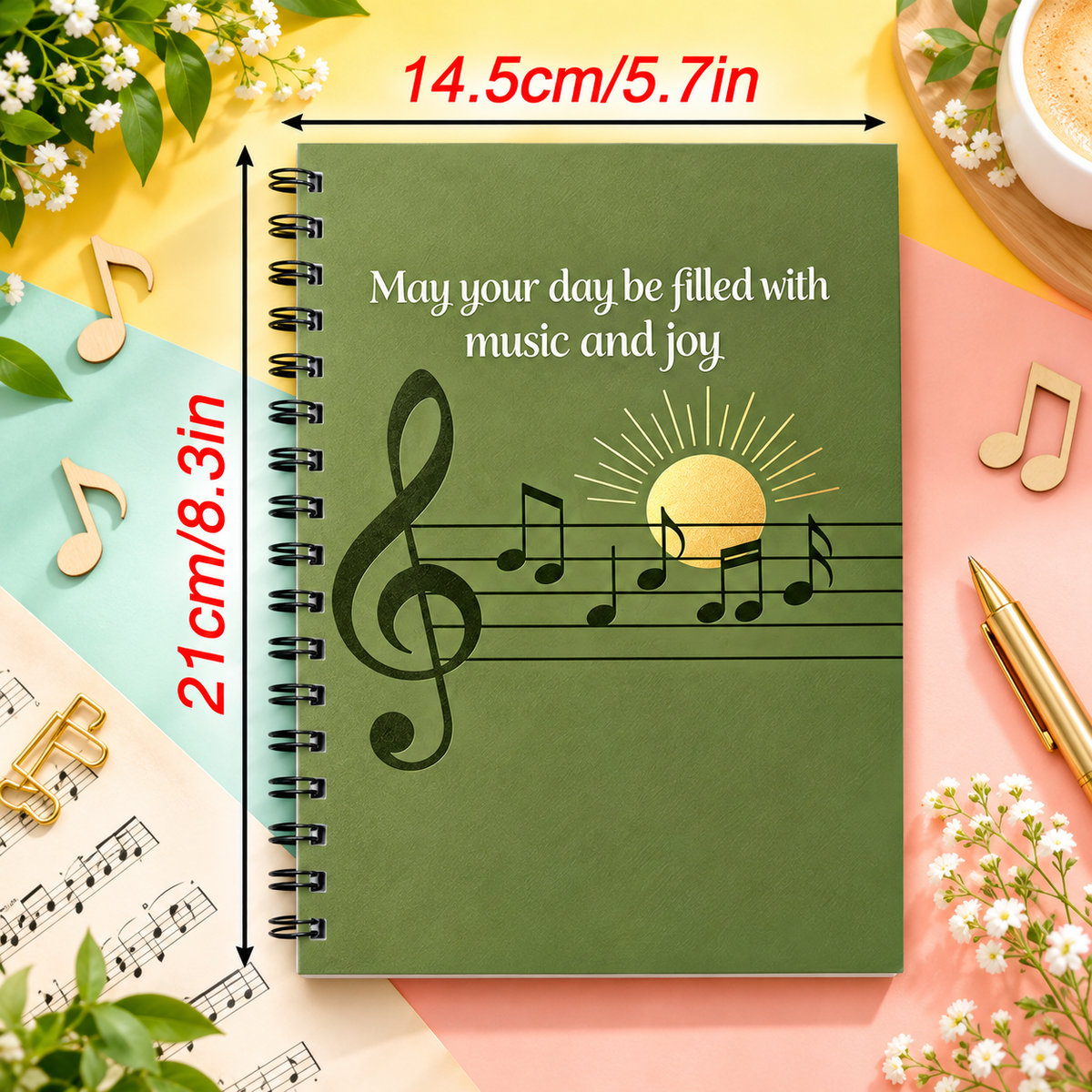 A5 Olive Green Music & Joy Spiral Notebook (60 Pages)