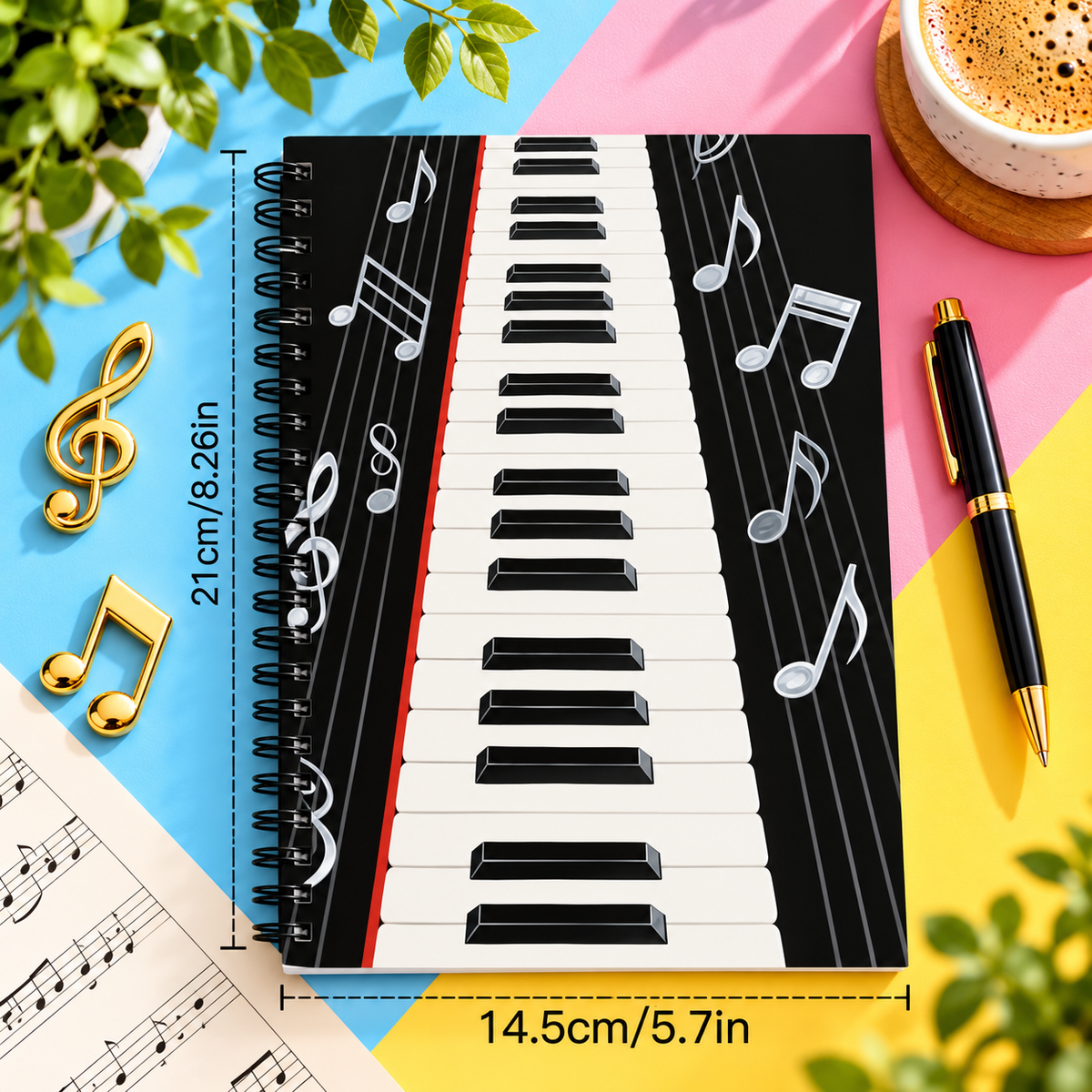 A5 Piano Keyboard and Music Notes Spiral Notebook (100 Pages)