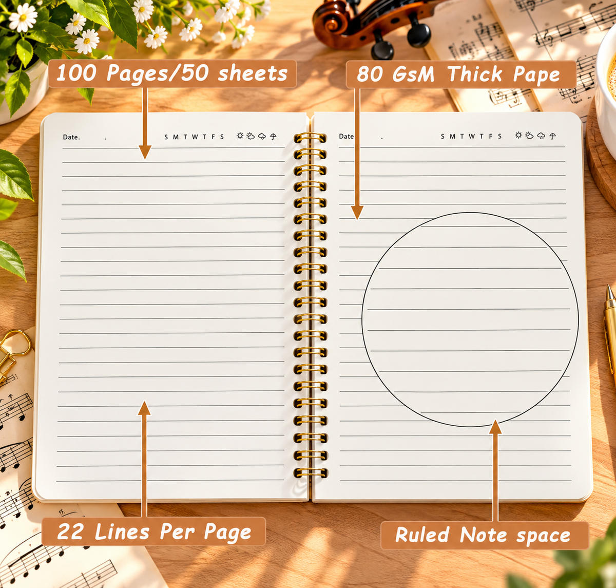 A5 Violin Themed Spiral Notebook (100 Pages)