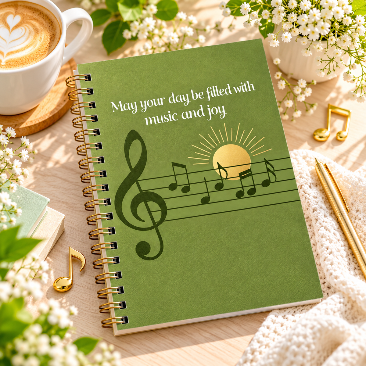 A5 Olive Green Music & Joy Spiral Notebook (60 Pages)
