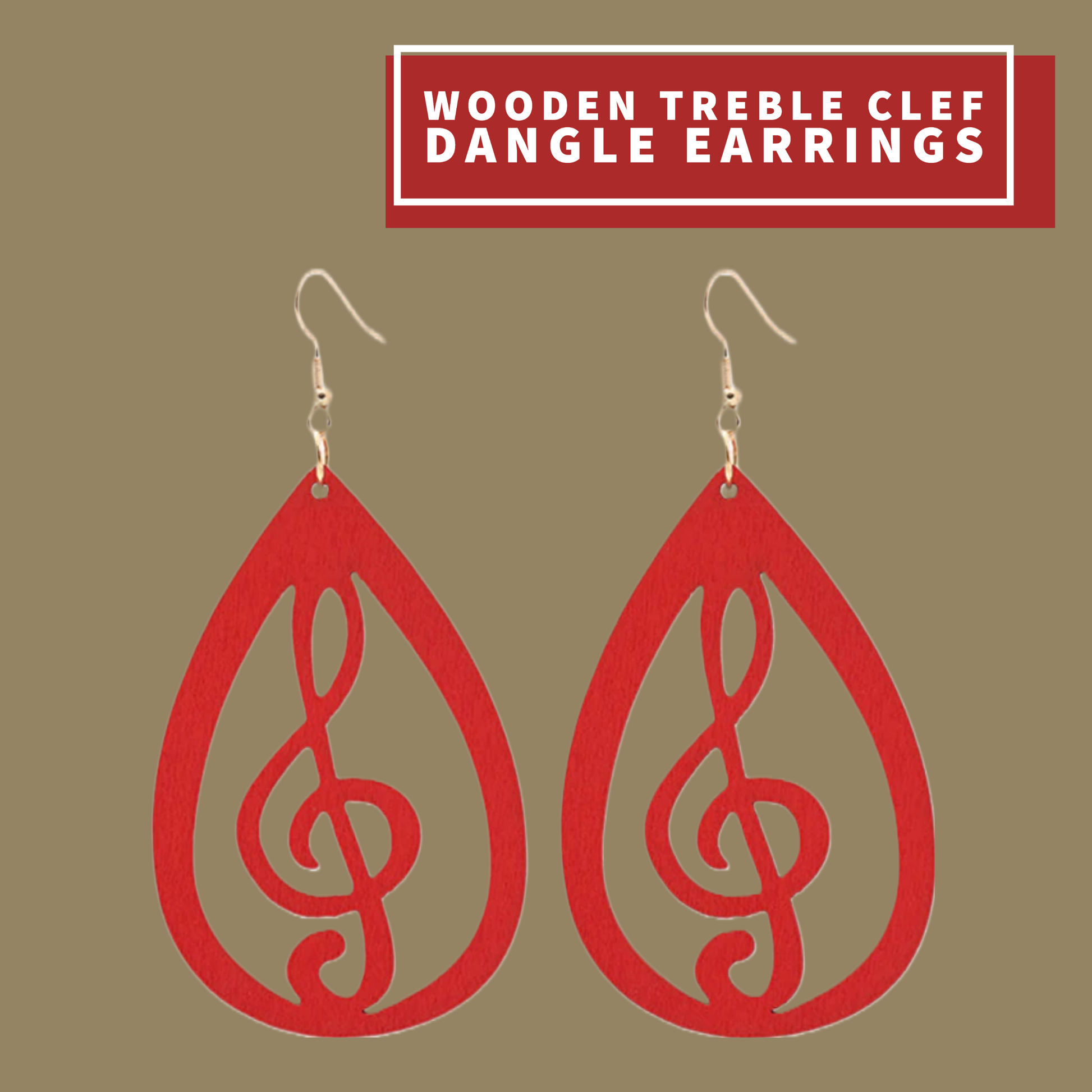 Wooden Treble Clef Dangle Earrings (Red)