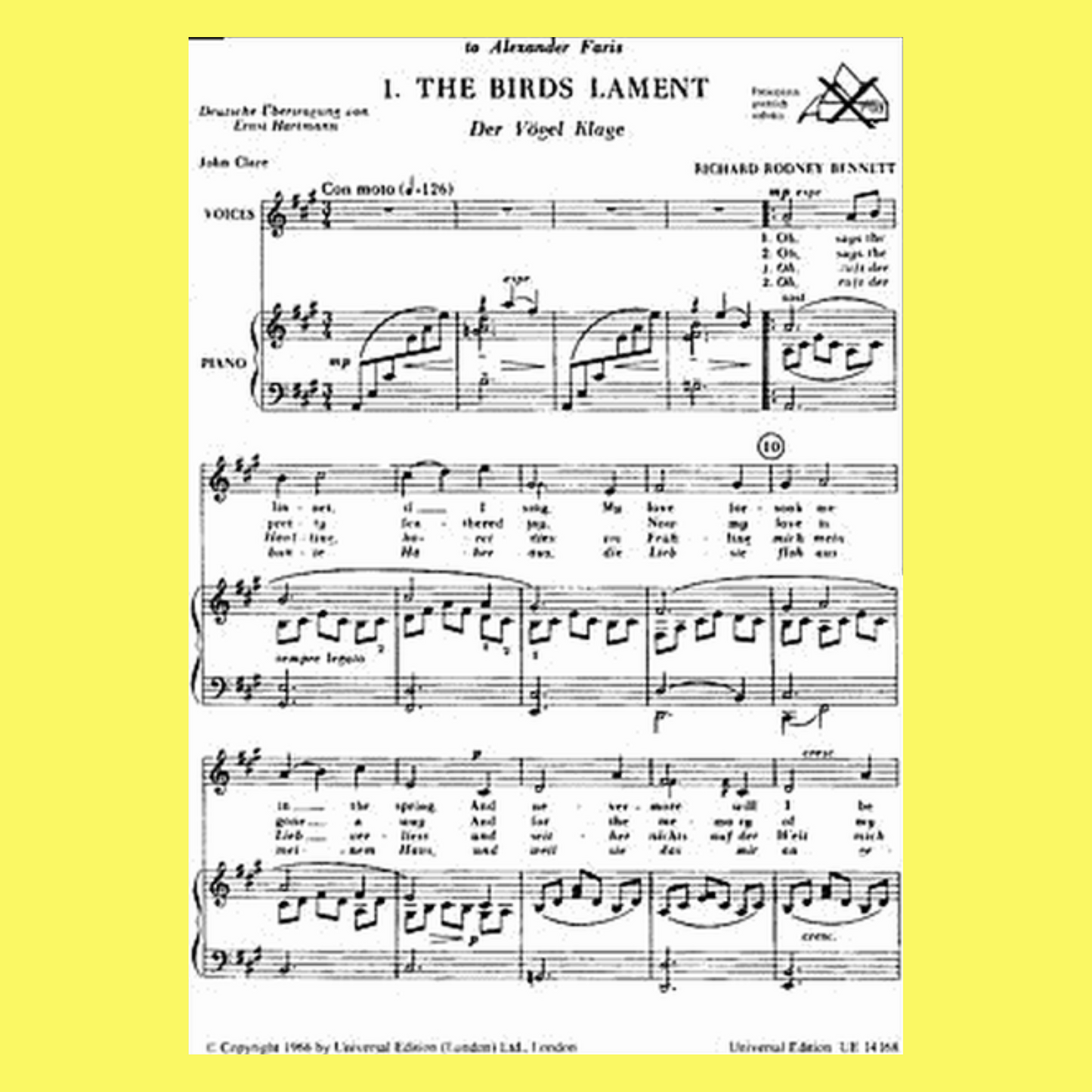 Richard Rodney Bennett - The Aviary Unison Voices with Piano Accompaniment Book