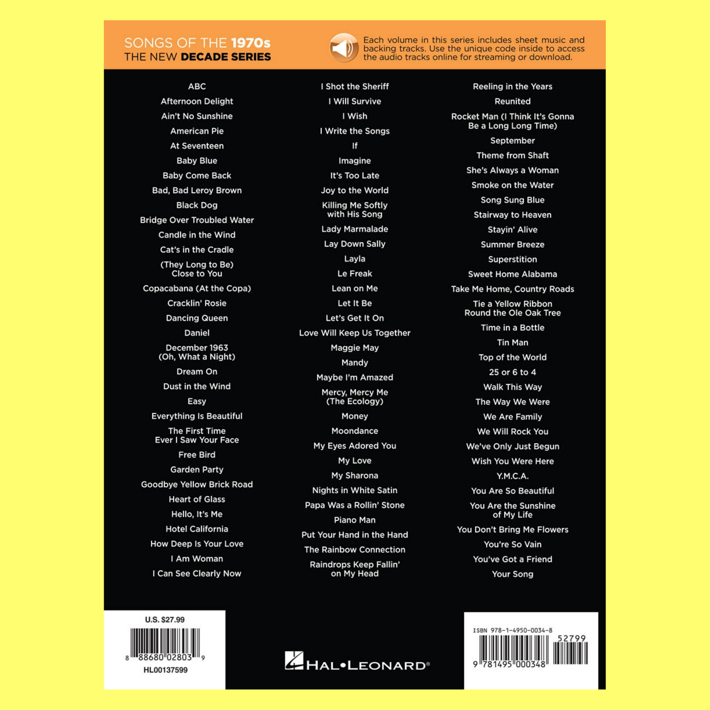 Songs Of The 1970s -Play Along Piano/Vocal/Guitar Songbook with Audio (97 Songs)